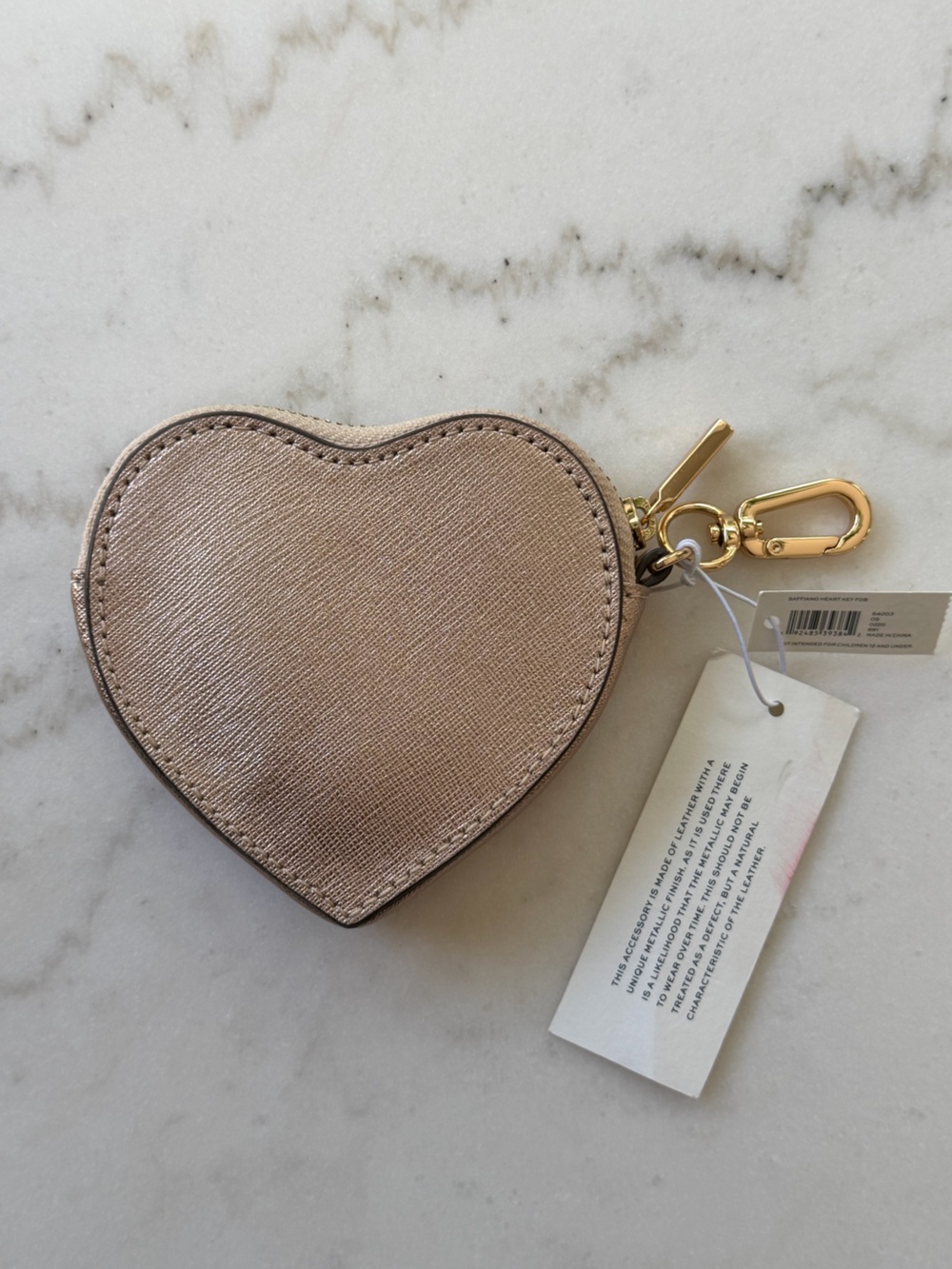 Tory Burch Metallic Rose Gold Heart Leather Coin Purse Keychain Charm NWT - Picture 4 of 11